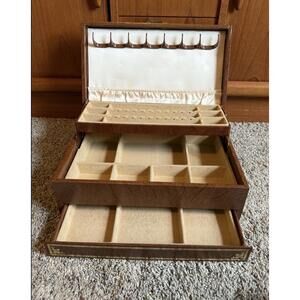 Vintage Mele Jewelry Box Brown Faux Leather 3-Tier Organizer with Lift-Out Tray